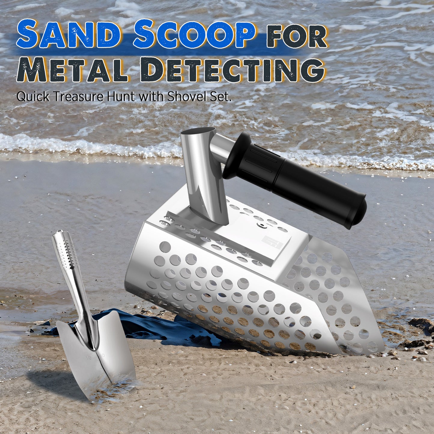 TRVL FIELDER Heavy Duty Sand Scoop for Beach Metal Detecting - Durable Stainless Steel Shovel & Fast Sifting Tool for Beach Finds! Perfect for Treasure Hunters
