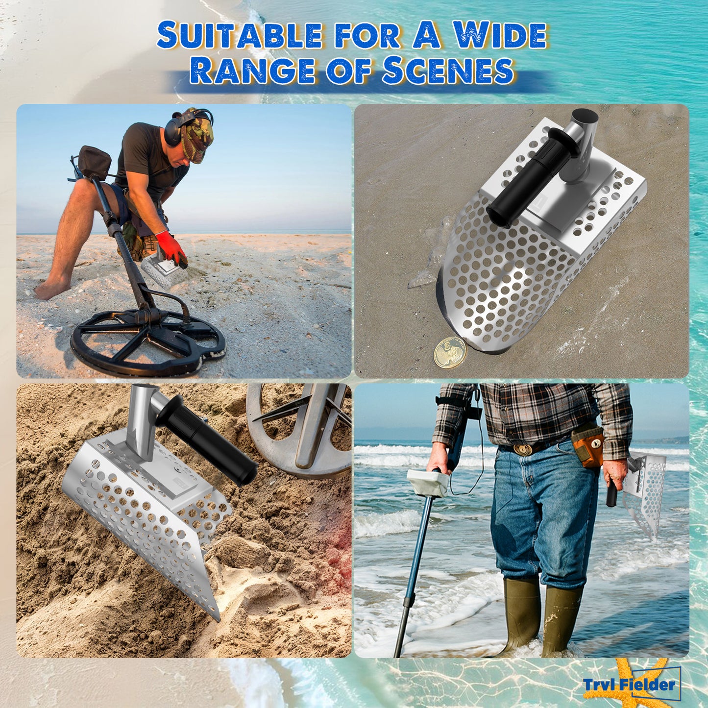 TRVL FIELDER Heavy Duty Sand Scoop for Beach Metal Detecting - Durable Stainless Steel Shovel & Fast Sifting Tool for Beach Finds! Perfect for Treasure Hunters