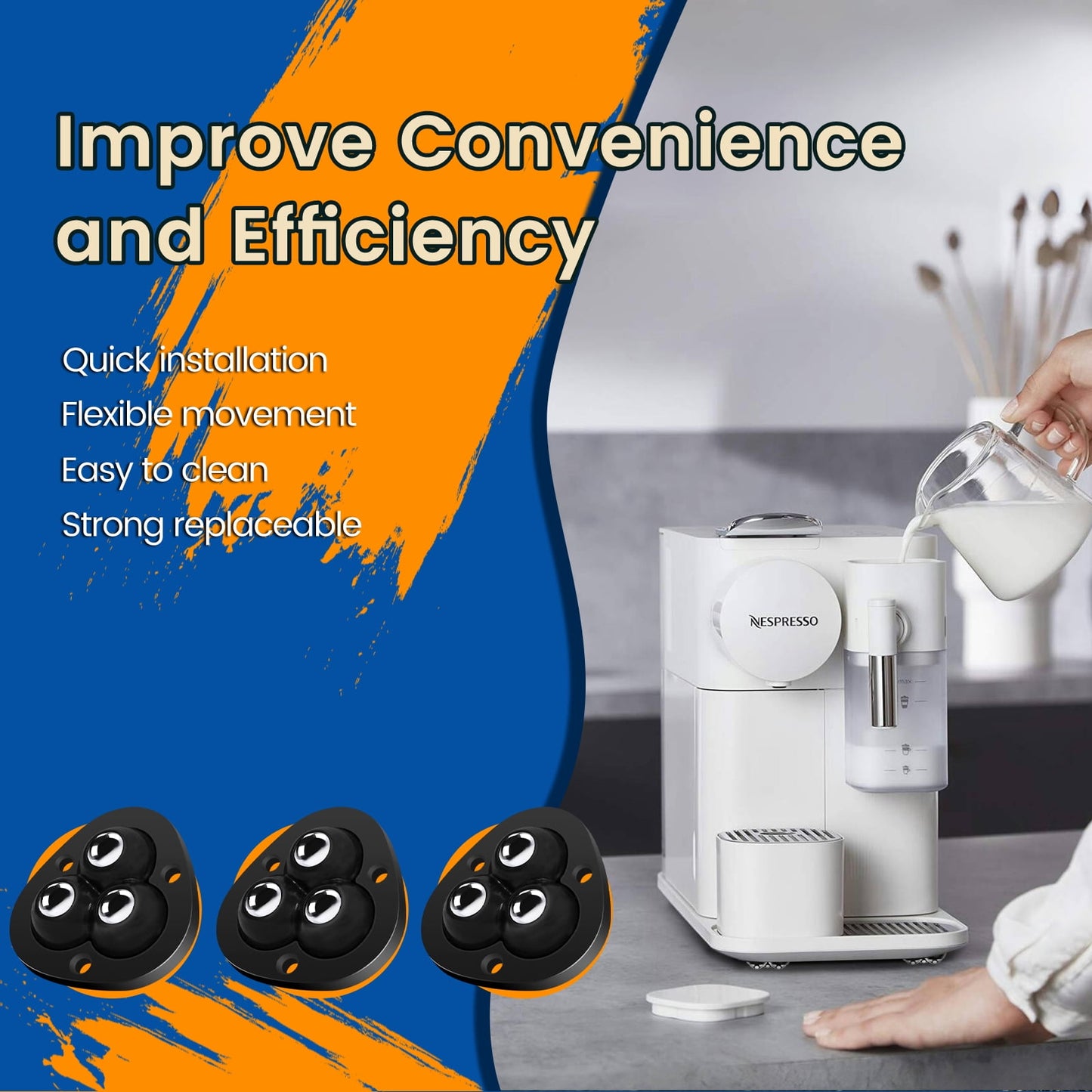 TRVL FIELDER Self Adhesive Caster Wheels - 360°Swivel Universal Wheel,Mini Roller Ball Transfer Bearing for Small Kitchen Appliances,Storage Box,Trash Can (with 3 Ball Bearings,Black,4 PCS)