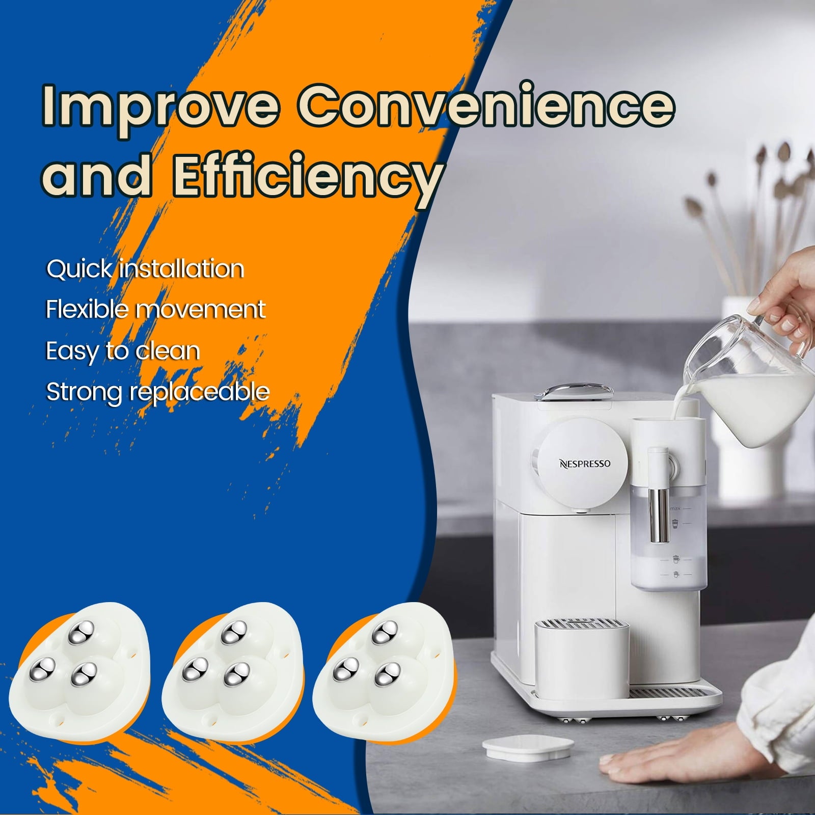 Self Adhesive Caster Wheels,Appliance Rollers for Kitchen Appliances,360°Swivel Mini Universal Wheel Roller Casters for Storage Box,Small Furniture (White,with 3 Ball Bearings,8 PCS)