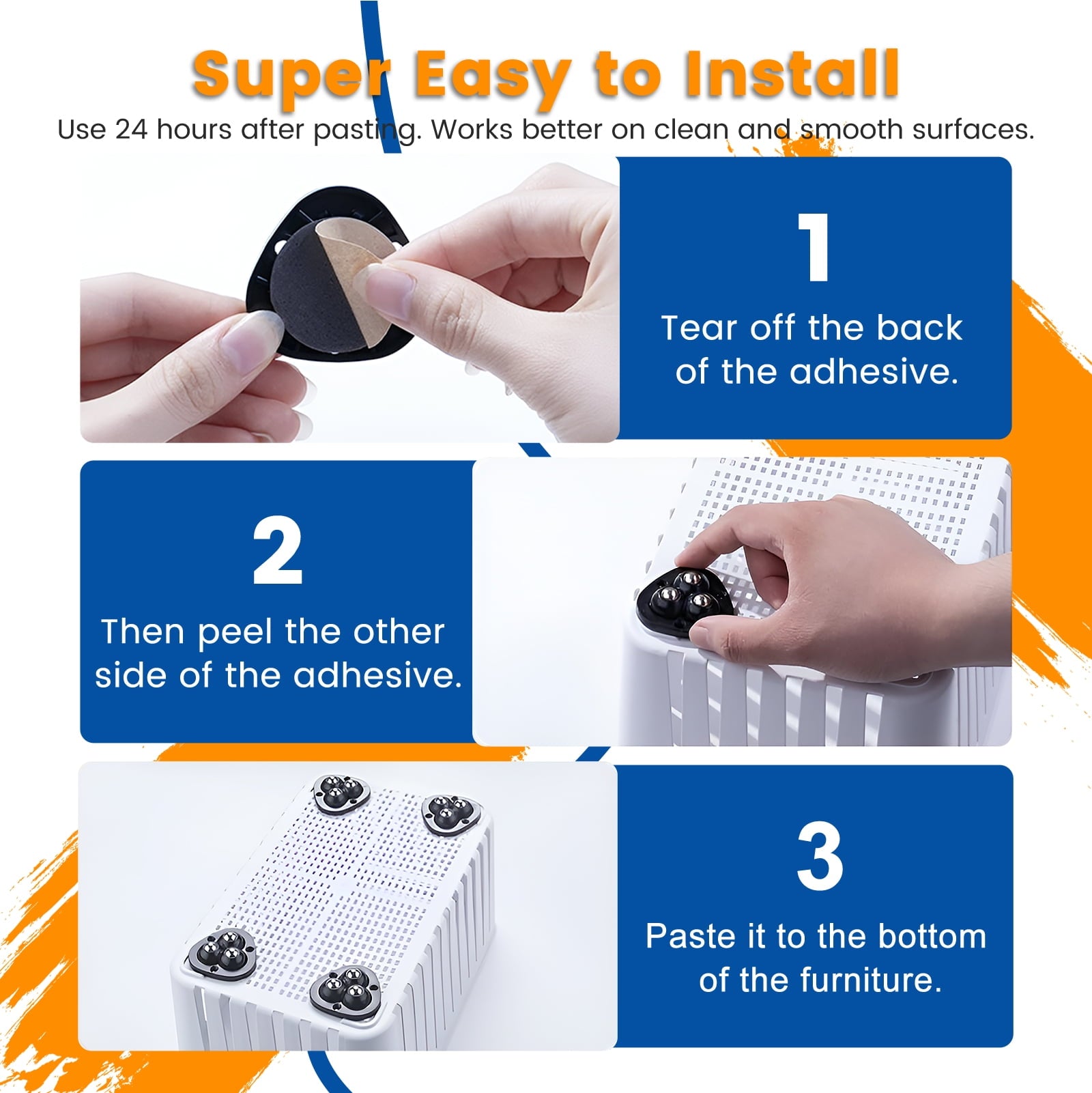 TRVL FIELDER Self Adhesive Caster Wheels - 360°Swivel Universal Wheel,Mini Roller Ball Transfer Bearing for Small Kitchen Appliances,Storage Box,Trash Can (with 3 Ball Bearings,Black,4 PCS)