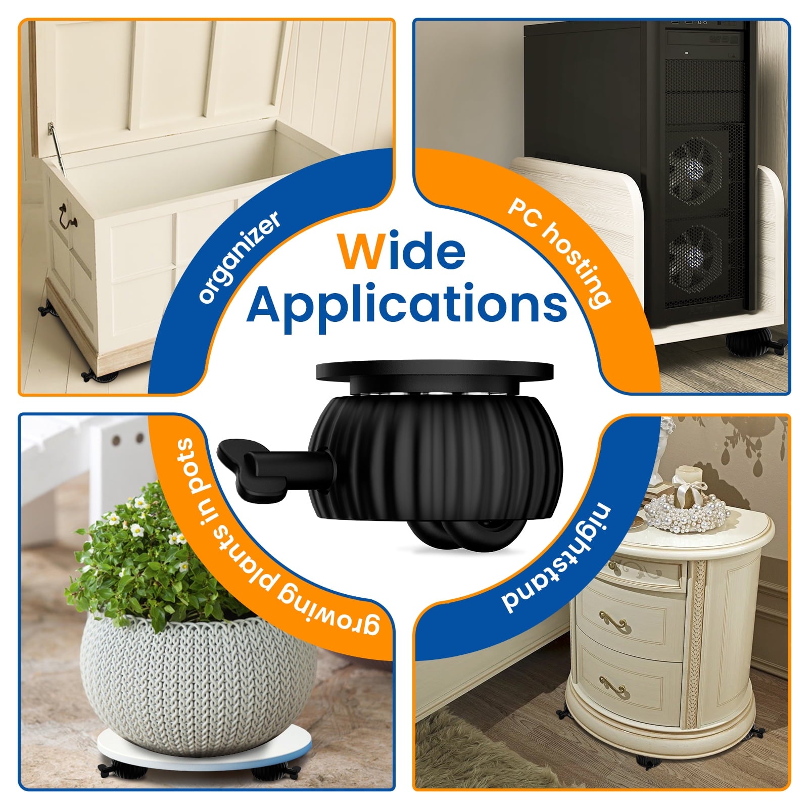 Self Adhesive Caster Wheels,Appliance Rollers for Kitchen Appliances,360°Swivel Stem Casters Universal Steel Wheel with Brake for Small Furniture,Trash Can (Black,Black Caster,8 PCS)