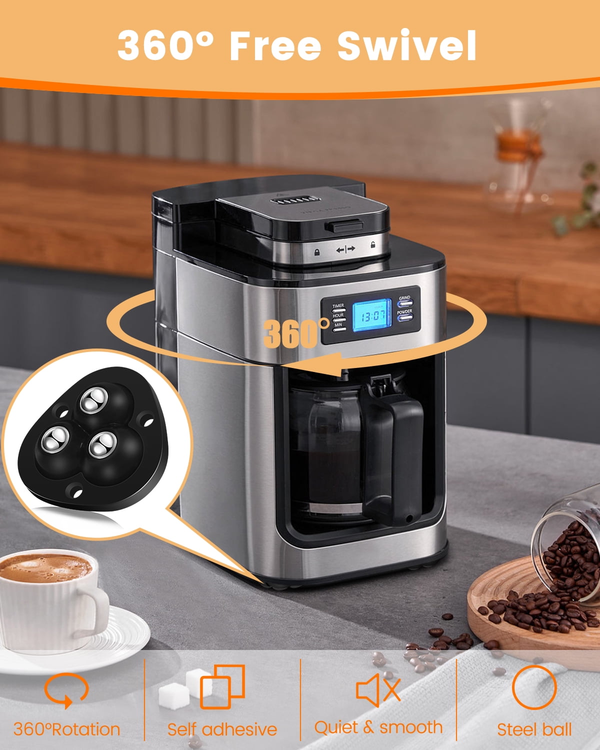 TRVL FIELDER Self Adhesive Caster Wheels - 360°Swivel Universal Wheel,Mini Roller Ball Transfer Bearing for Small Kitchen Appliances,Storage Box,Trash Can (with 3 Ball Bearings,Black,4 PCS)