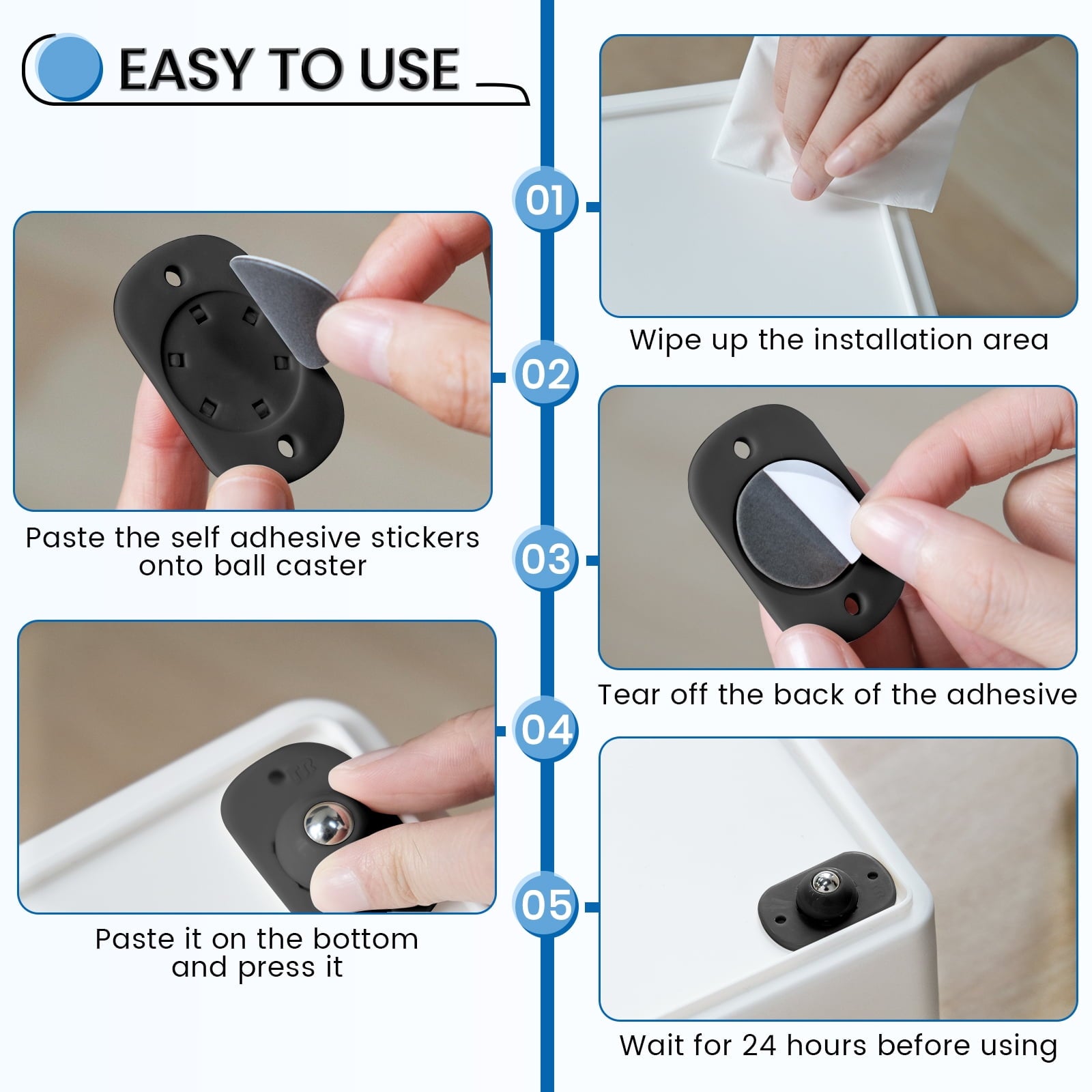 Self Adhesive Caster Wheels,Appliance Rollers for Kitchen Appliances,360°Swivel Mini Universal Wheel Roller Casters,Sticky Pulley for Trash Can,Storage Box,Small Furniture (8,Black-Swivel)