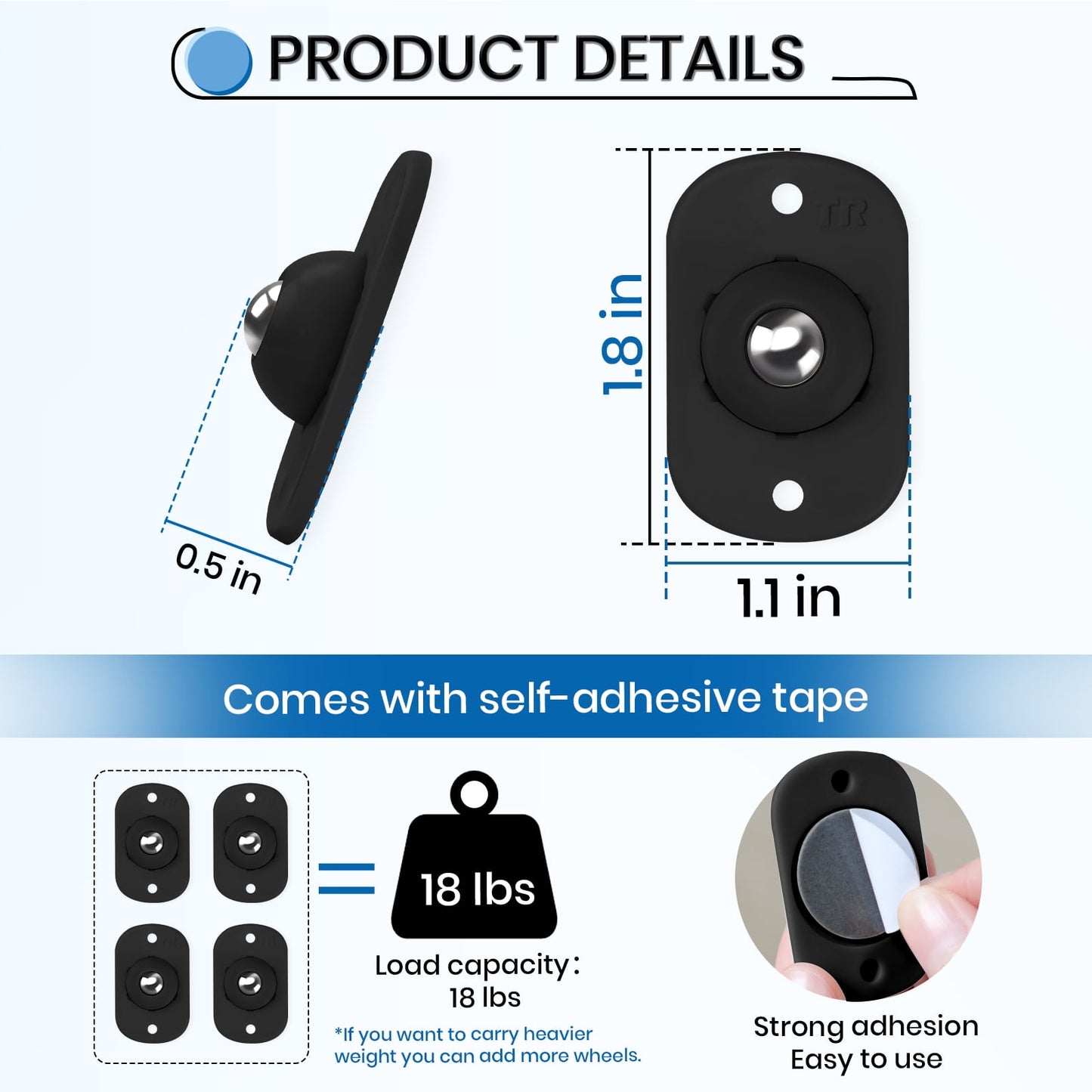 Self Adhesive Caster Wheels,Appliance Rollers for Kitchen Appliances,360°Swivel Mini Universal Wheel Roller Casters,Sticky Pulley for Trash Can,Storage Box,Small Furniture (8,Black-Swivel)