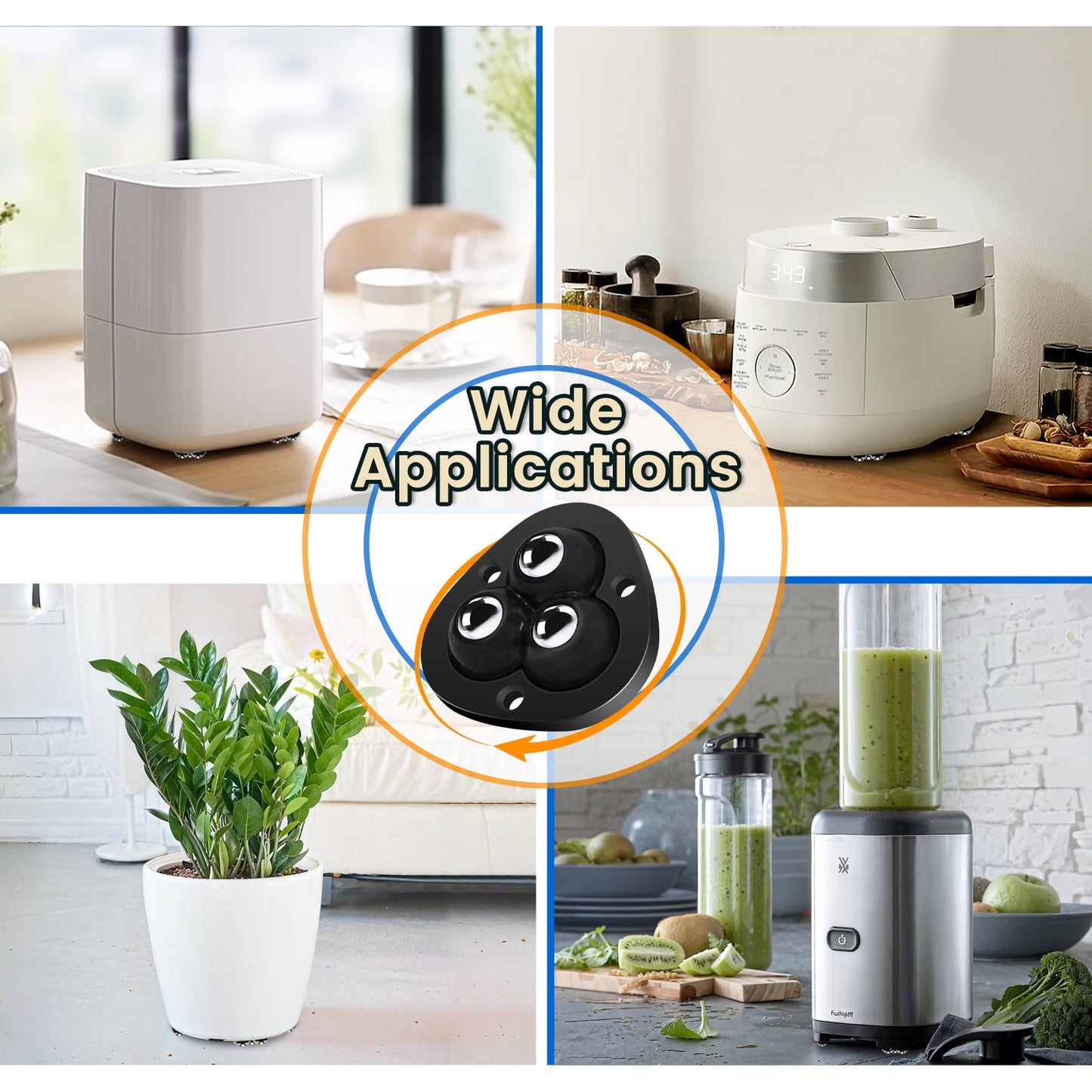 TRVL FIELDER Self Adhesive Caster Wheels - 360°Swivel Universal Wheel,Mini Roller Ball Transfer Bearing for Small Kitchen Appliances,Storage Box,Trash Can (with 3 Ball Bearings,Black,4 PCS)