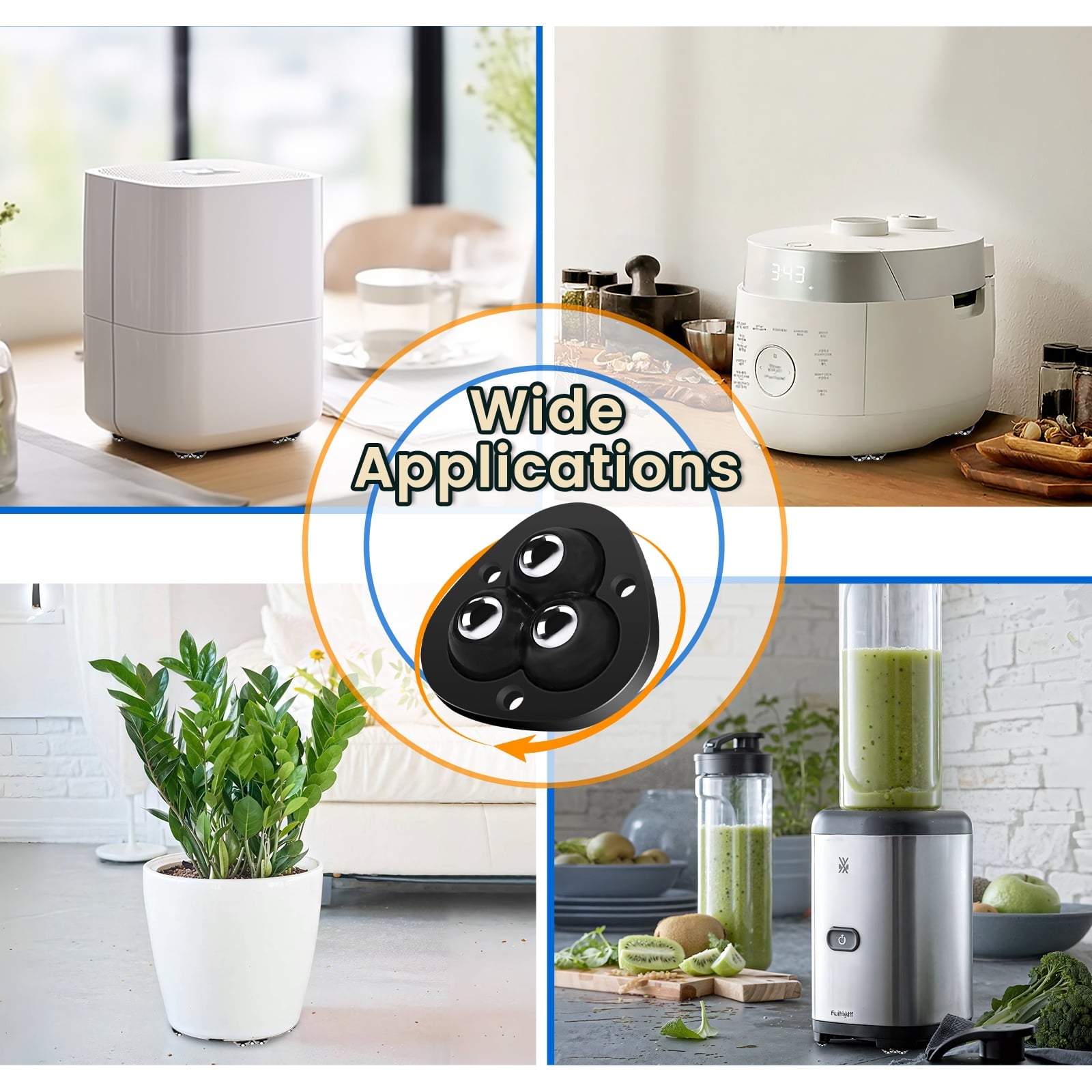 TRVL FIELDER Self Adhesive Caster Wheels - 360°Swivel Universal Wheel,Mini Roller Ball Transfer Bearing for Small Kitchen Appliances,Storage Box,Trash Can (with 3 Ball Bearings,Black,4 PCS)