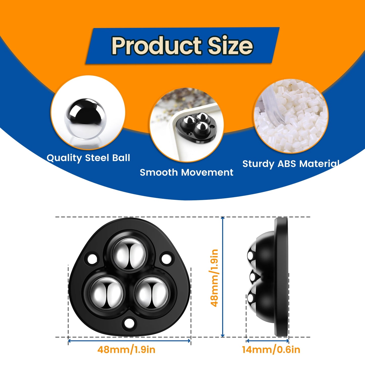 TRVL FIELDER Self Adhesive Caster Wheels - 360°Swivel Universal Wheel,Mini Roller Ball Transfer Bearing for Small Kitchen Appliances,Storage Box,Trash Can (with 3 Ball Bearings,Black,4 PCS)