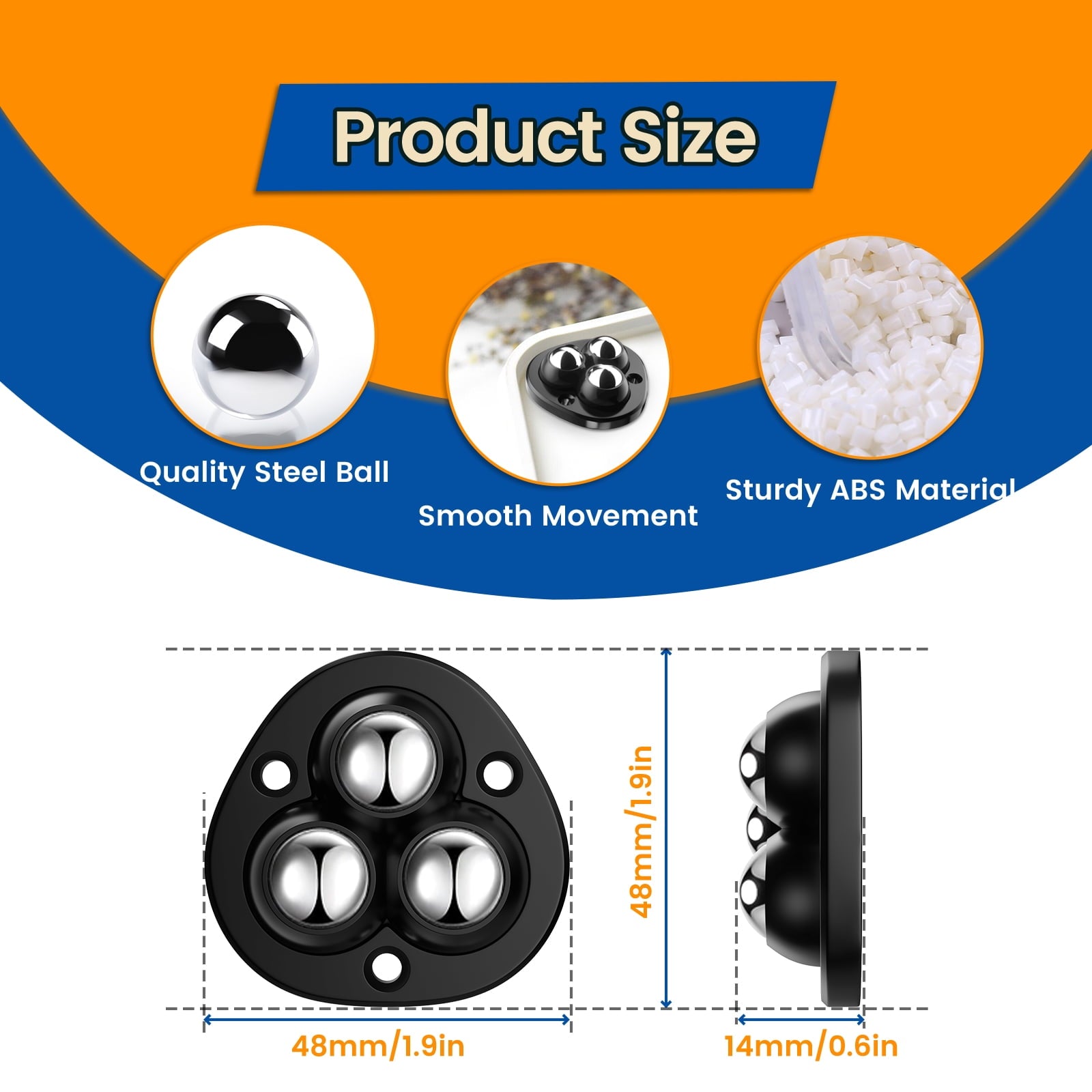 TRVL FIELDER Self Adhesive Caster Wheels - 360°Swivel Universal Wheel,Mini Roller Ball Transfer Bearing for Small Kitchen Appliances,Storage Box,Trash Can (with 3 Ball Bearings,Black,4 PCS)